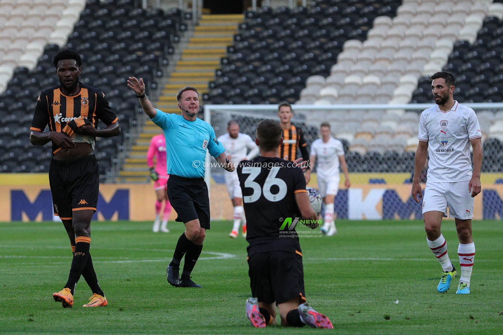 Will Jarvis #36 of Hull City is awarded a free kick after been brought down during the Pre-season friendly match Hull City vs Barnsley at MKM Stadium, Hull, United Kingdom, 18th July 2023

(Photo by James Heaton/News Images)