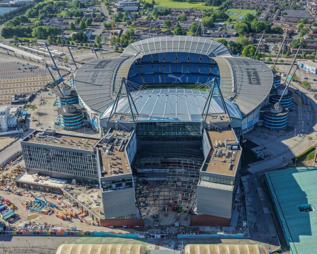 An aerial view op the Etihad Stadium and the new hotel The Medlock, by Radisson Blu during the Premier League match Manchester City vs Aston Villa at Etihad Stadium, Manchester, United Kingdom on 24 May 2026

(Photo by Mark Cosgrove/News Images)