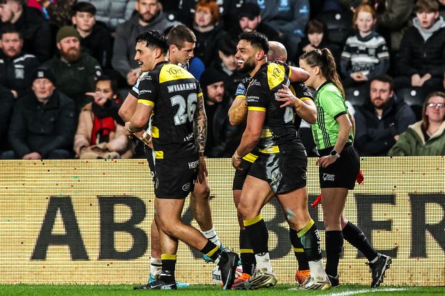 David Nofoaluma of York Knights celebrates his try during the Betfred Super League match Hull FC vs York Knights at MKM Stadium, Hull, United Kingdom on 27 February 2026

(Photo by Alfie Cosgrove/News Images)