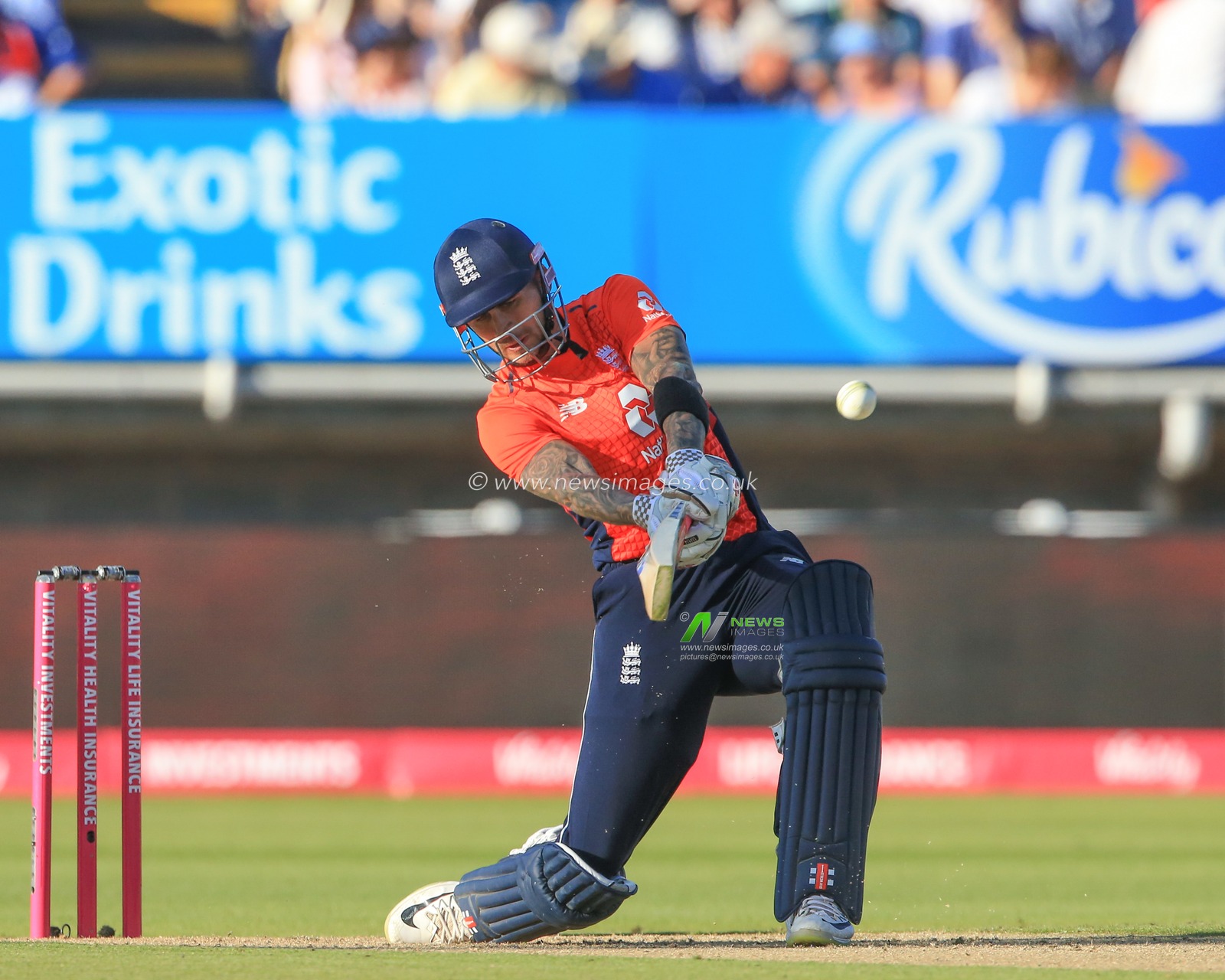 Wednesday 27th June 2018 , Edgbaston, Birmingham, Vitality IT20 Series Edgbaston England v Australia; Alex Hales of England hits a six (6) 