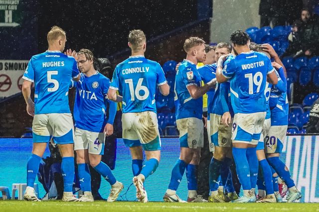 Stockport County Forward Louie Barry and team mates celebrate their second goal during the Sky Bet League 1 match Stockport County vs Exeter City at Edgeley Park Stadium, Stockport, United Kingdom, 7th December 2024

(Photo by James Giblin/News Images)
