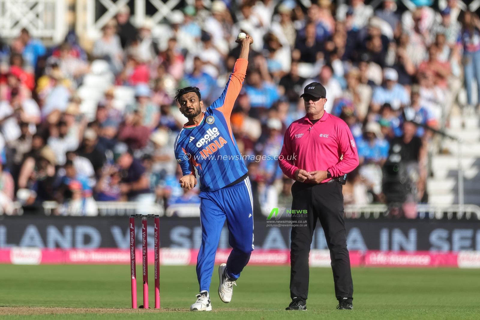 Axar Patel of India delivers the ball during the Third Vitality T20 International match England vs India at Trent Bridge, Nottingham, United Kingdom on 07 July 2026

(Photo by Mark Cosgrove/News Images)
