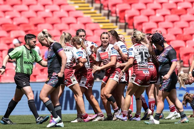Remi Wilton of Wigan Warriors celebrates her try during the Betfred Women's Challenge Cup Final Wigan Warriors vs St Helens at Wembley Stadium, London, United Kingdom on 30 May 2026

(Photo by Mark Cosgrove/News Images)