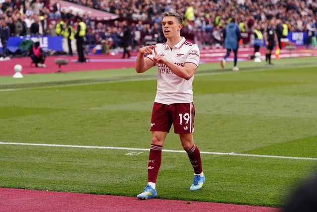 Leandro Trossard of Arsenal celebrates his goal during the Premier League match West Ham United vs Arsenal at London Stadium, London, United Kingdom on 10 May 2026

(Photo by Harvey Murphy/News Images)