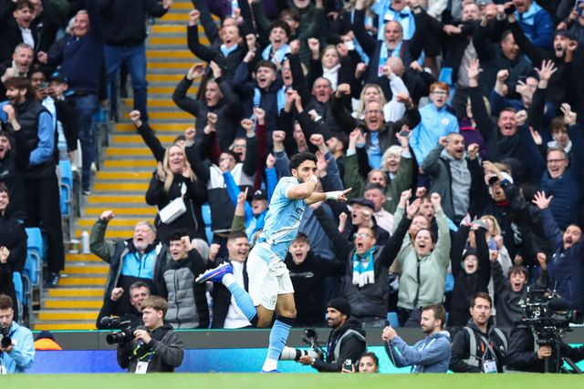 Omar Marmoush of Manchester City celebrates his goal to make it 3-0 during the Premier League match Manchester City vs Brentford at The City in the Community Etihad Stadium, Manchester, United Kingdom on 09 May 2026

(Photo by Jorge Horsted/News Images)