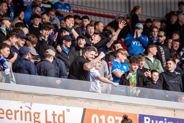 Stockport County fans during the Sky Bet League 1 match Wrexham vs Stockport County at SToK Cae Ras, Wrexham, United Kingdom, 22nd March 2025

(Photo by Nik Mesney/News Images)