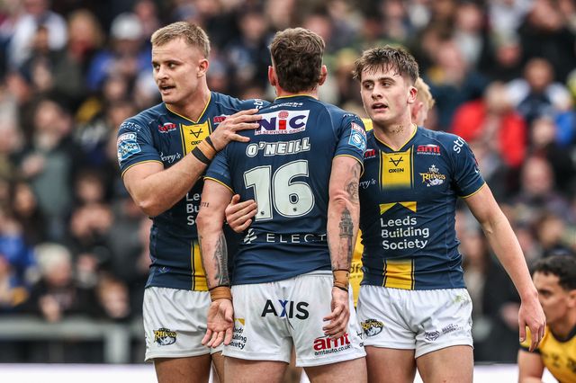George Brown of Leeds Rhinos celebrates his try during the Betfred Super League round 4 match Leeds Rhinos vs Castleford Tigers at AMT Headingley Stadium, Leeds, United Kingdom on 08 March 2026

(Photo by Alfie Cosgrove/News Images)