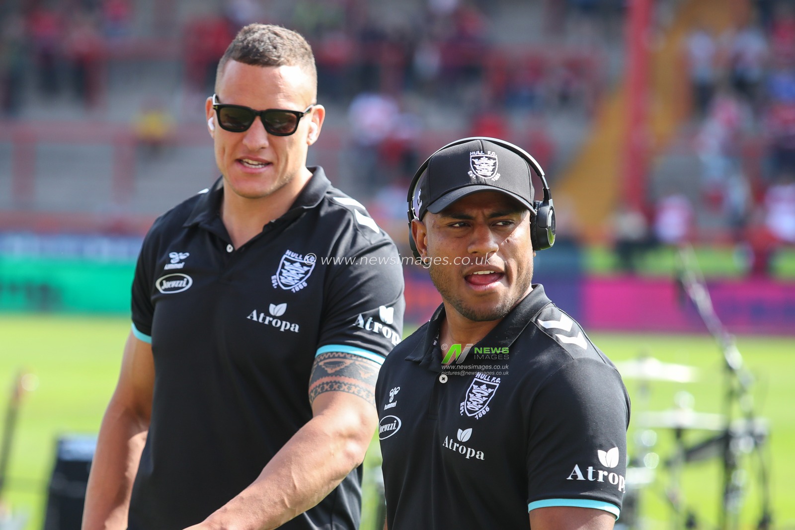 Kane Evans #16 and Joe Lovodua #14 of Hull FC prior to the match starting