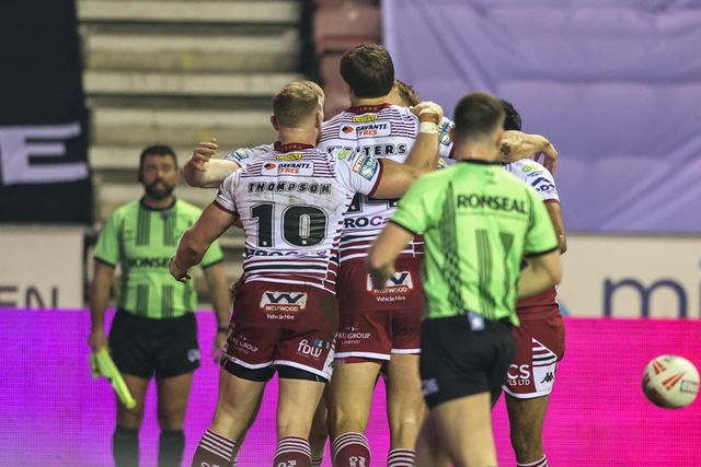 Sam Walters of Wigan Warriors celebrates his try during the Betfred Super League match Wigan Warriors vs Hull FC at The Brick Community Stadium, Wigan, United Kingdom on 21 February 2026

(Photo by Alfie Cosgrove/News Images)