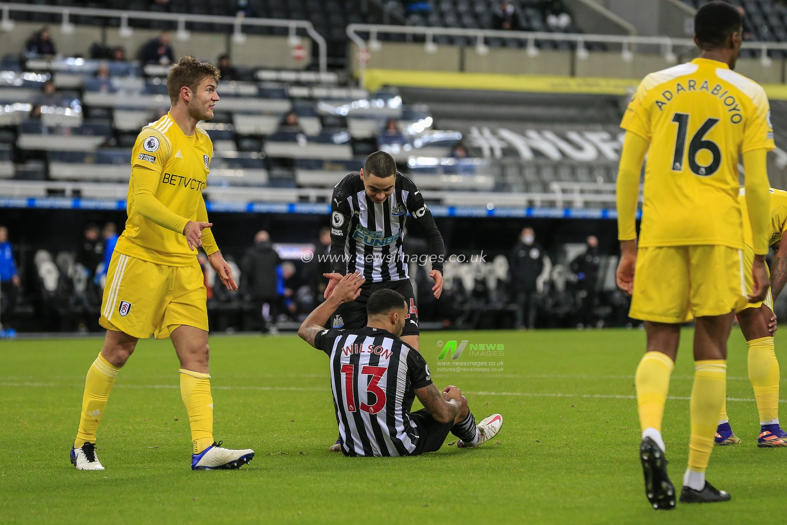 Miguel AlmirÃ³n #24 of Newcastle United congratulates Callum Wilson #13 of Newcastle United for winning Newcastle United a penalty kick