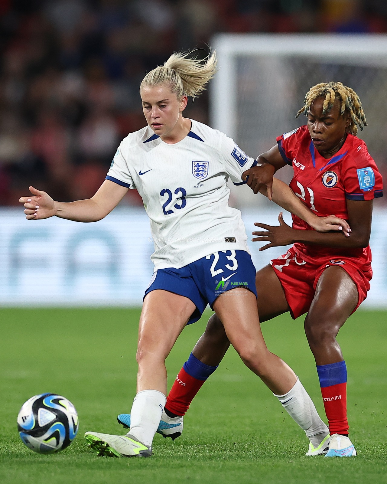 Alessia Russo #23 of England and Ruthny Mathurin #21 of Haiti battle for the ball during the FIFA Women's World Cup 2023 Group D England Women vs Haiti Women at Suncorp Stadium, Brisbane, Australia, 22nd July 2023

(Photo by Patrick Hoelscher/News Images)