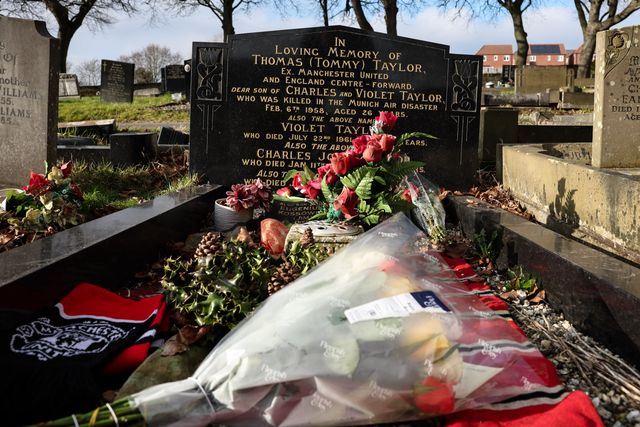 A general view of former Barnsley FC and Manchester United and England international forward Tommy Taylor grave and headstone 67 years after 23 passengers 8 of whom were Manchester United players sadly lost their lives in the Munich Air disaster on the 6th of February 1958;  Monk Bretton Cemetery, Monk Bretton, Barnsley, United Kingdom, 6th February 2025.

(Photo by Mark Cosgrove/News Images)