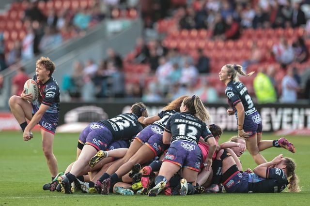 Wigan Warriors celebrate becoming League Leaders’ Shield winners during the Betfred Women's Super League Round 13 match St Helens Women vs Wigan Warriors Women at Totally Wicked Stadium, St Helens, United Kingdom, 5th September 2025

(Photo by Mark Cosgrove/News Images)