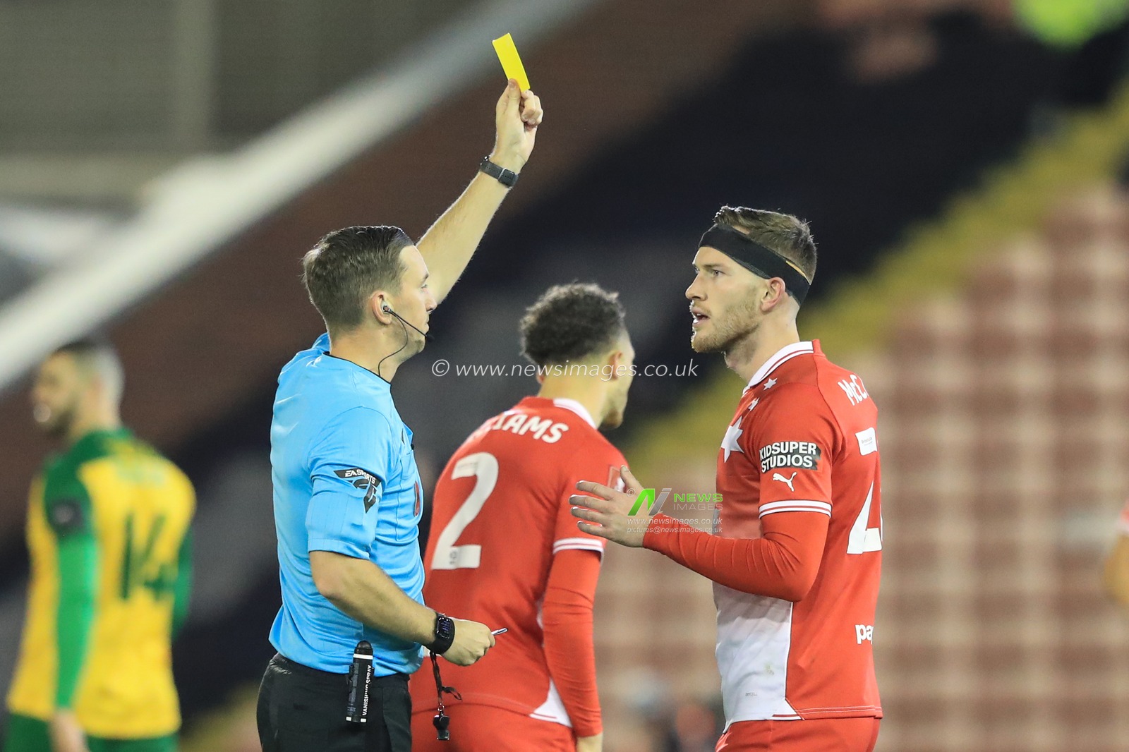 Referee Ben Toner gives a yellow card to Jamie McCart #26 of Barnsley during the Emirates FA Cup 1st Round match Barnsley vs Horsham FC at Oakwell, Barnsley, United Kingdom, 3rd November 2023

(Photo by Alfie Cosgrove/News Images)