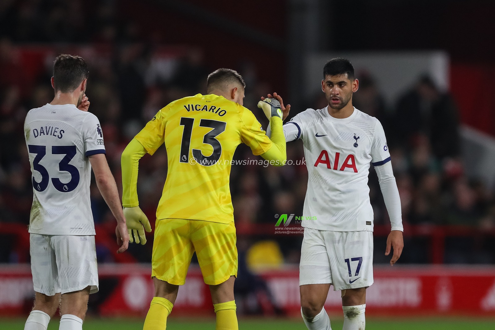 Guglielmo Vicario #13 of Tottenham Hotspur and Cristian Romero #17 of Tottenham Hotspur celebrate Richarlison #9 of Tottenham Hotspur goal during the Premier League match Nottingham Forest vs Tottenham Hotspur at City Ground, Nottingham, United Kingdom, 15th December 2023

(Photo by Gareth Evans/News Images)
