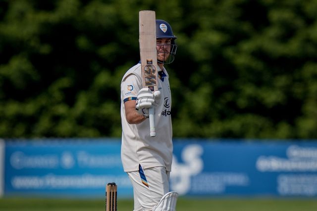 Matthew Montgomery raises his bat to the pavilion to celebrate scoring a fifty during the county Championship Division Two day 4 Derbyshire vs Gloucestershire at The Central Co-Op County Ground, Derby, United Kingdom on 27 April 2026

(Photo by Maynard Manyowa/News Images)