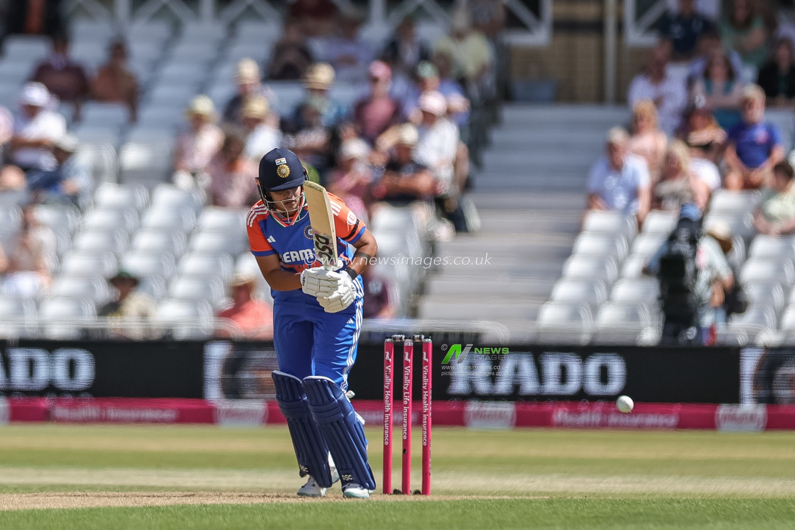 Shafali Verma of India hits the ball for two runs during the 1st Vitality IT20 England Women vs India Women at Trent Bridge, Nottingham, United Kingdom, 28th June 2025

(Photo by Mark Cosgrove/News Images)