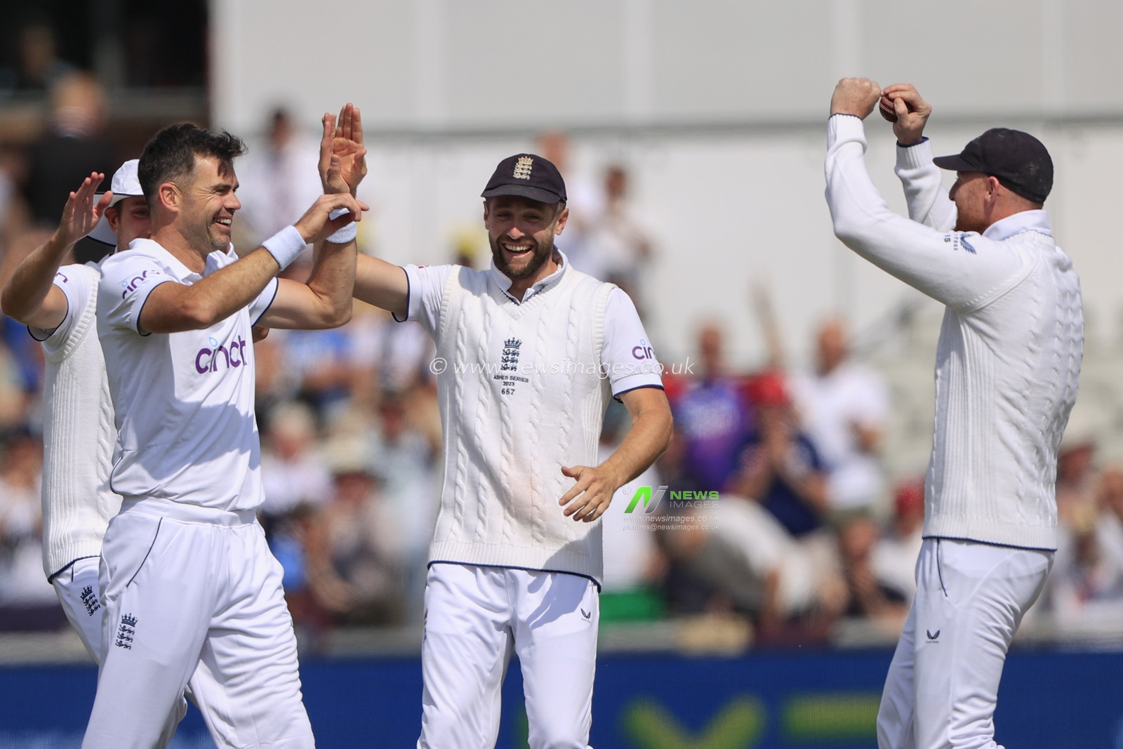 James Anderson of England celebrates taking the wicket of Pat Cummins of Australia with the first ball of the day during the LV= Insurance Ashes Fourth Test Series Day Two England vs Australia at Old Trafford, Manchester, United Kingdom, 20th July 2023

(Photo by Conor Molloy/News Images)