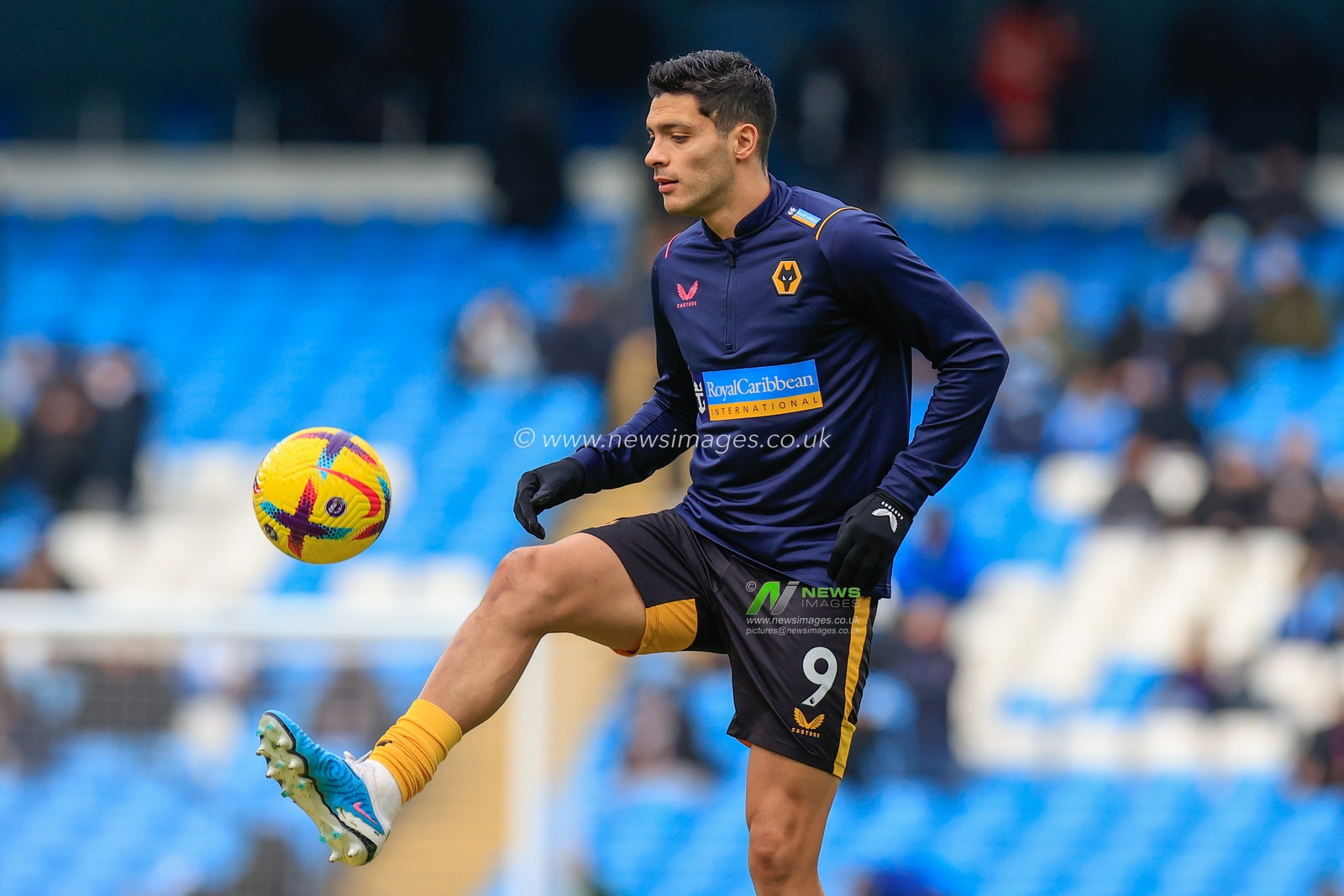 RaÃºl JimÃ©nez #9 of Wolverhampton Wanderers during the pre-game warm up ahead of the Premier League match Manchester City vs Wolverhampton Wanderers at Etihad Stadium, Manchester, United Kingdom, 22nd January 2023

(Photo by Conor Molloy/News Images)
