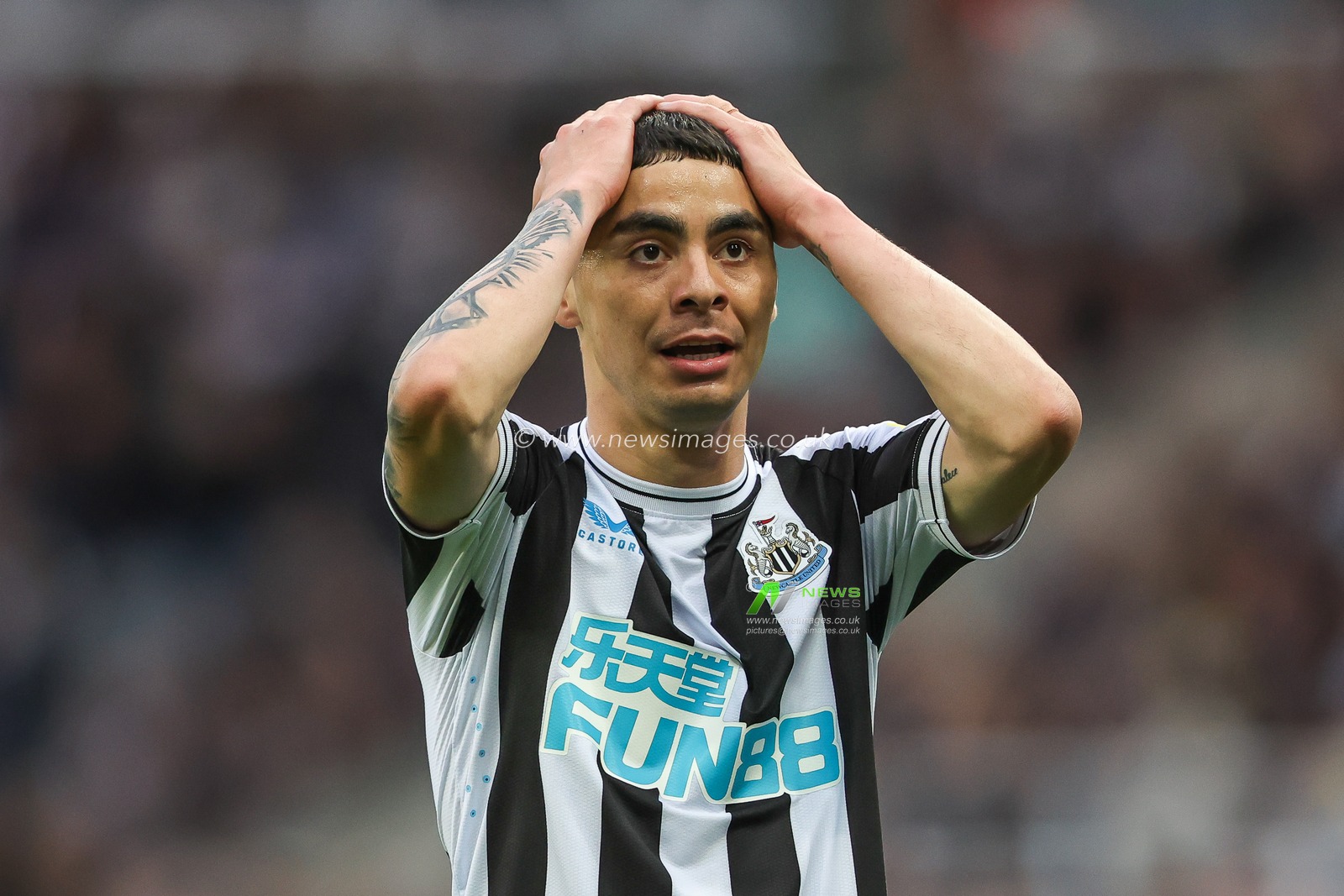 Miguel AlmirÃ³n #24 of Newcastle United reacts to a missed chance on goal during the Premier League match Newcastle United vs Leicester City at St. James's Park, Newcastle, United Kingdom, 22nd May 2023

(Photo by Mark Cosgrove/News Images)