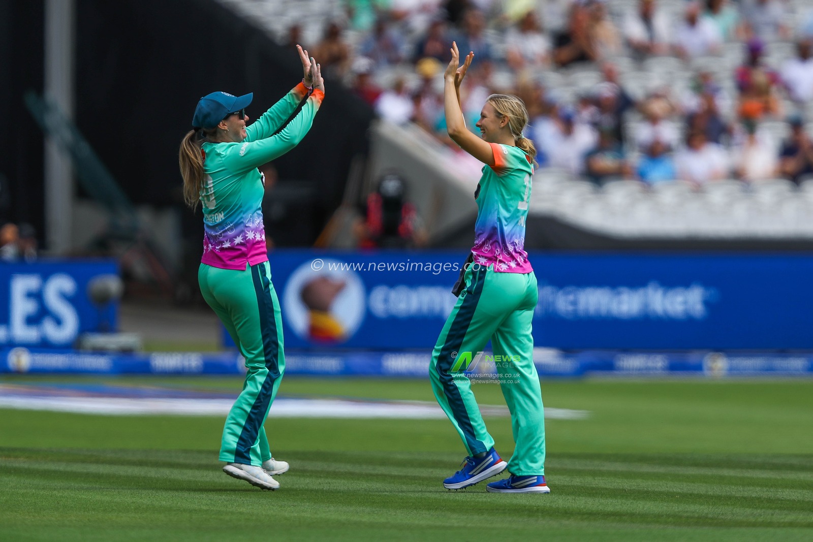 Amanda-Jade Wellington and Sophia Smale of Oval Invincibles celebrates after the dismissal of Charlie Dean of London Spirit during the The Hundred match London Spirit Women vs Oval Invincibles Women at Lords, London, United Kingdom, 4th August 2024

(Photo by Izzy Poles/News Images)