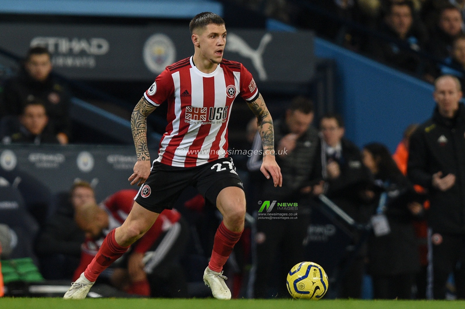 29th December 2019, Etihad Stadium, Manchester, England; Premier League, Manchester City v Sheffield United : Muhamed Besic (27) of Sheffield United in action during the game.

Credit: Richard Long/News Images