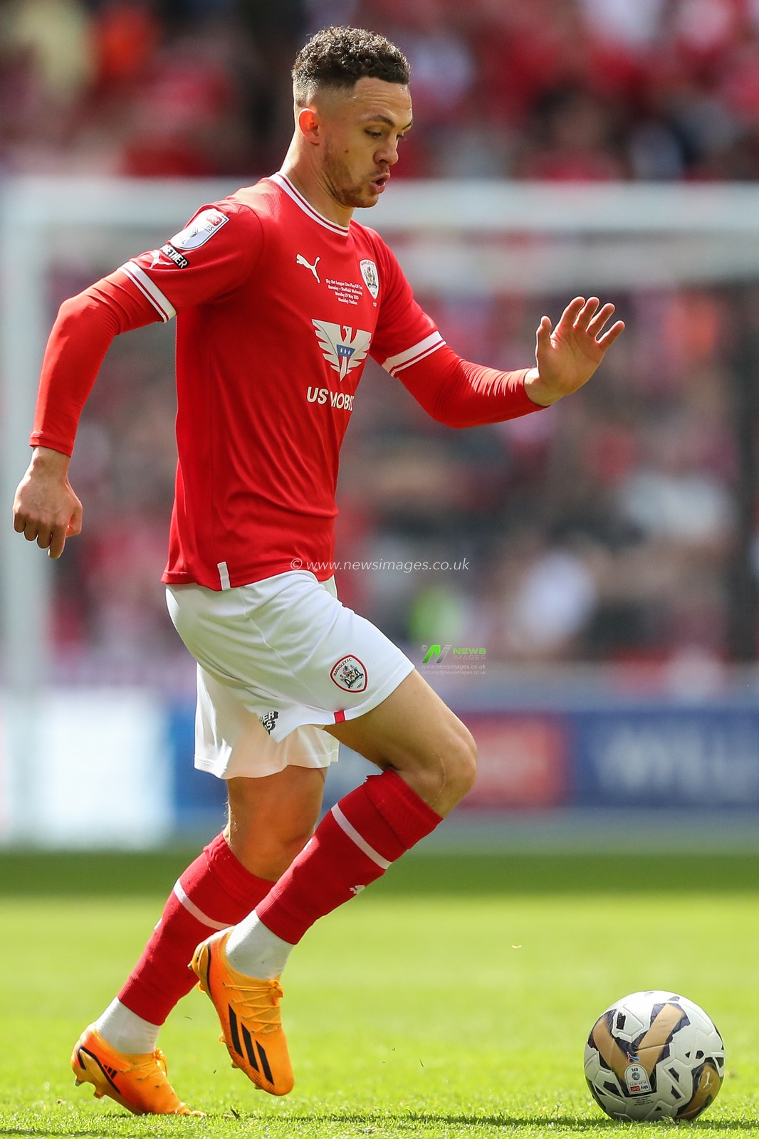 Jordan Williams #2 of Barnsley  with the ball during the Sky Bet League 1 Play-off Final match Barnsley vs Sheffield Wednesday at Wembley Stadium, London, United Kingdom, 29th May 2023

(Photo by Gareth Evans/News Images)