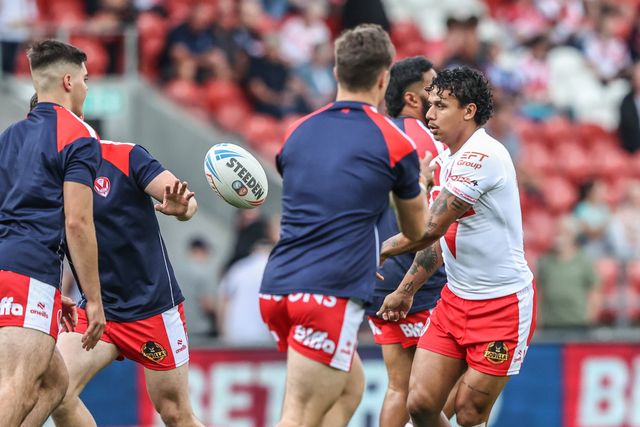 Tristan Sailor of St. Helens during pre-game warm up during the Betfred Super League round 19 match St Helens vs Leigh Leopards at Totally Wicked Stadium, St Helens, United Kingdom, 17th July 2025

(Photo by Alfie Cosgrove/News Images)