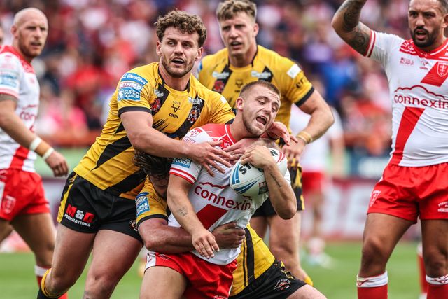 Mikey Lewis of Hull KR is tackled during the Betfred Super League round 21 match Hull KR vs Castleford Tigers at Sewell Group Craven Park, Kingston upon Hull, United Kingdom, 9th August 2025

(Photo by Alfie Cosgrove/News Images)