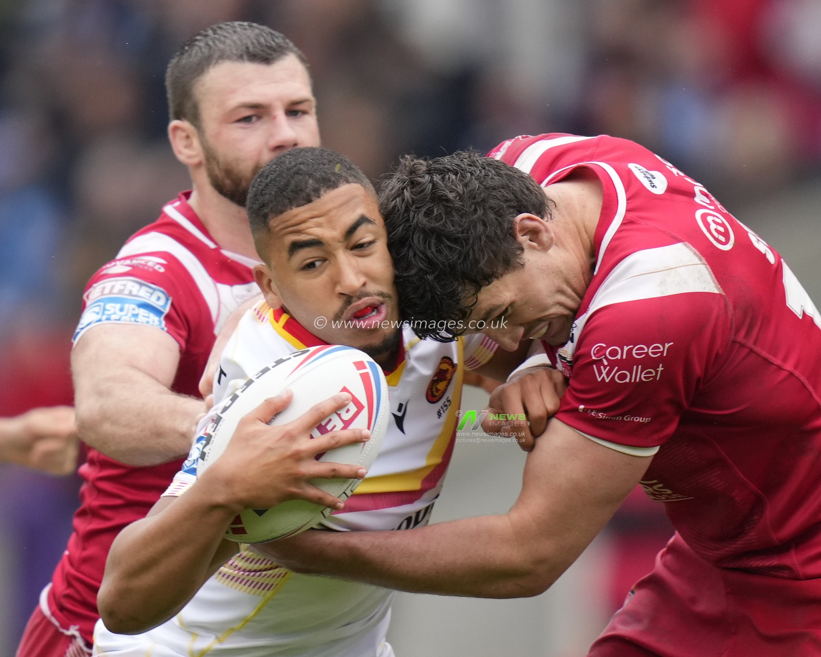 Sam Stone #12 of Salford Red Devils tackles Tanguy Zenon #31 of Catalans Dragons during the Betfred Super League Round 10 match Salford Red Devils vs Catalans Dragons at AJ Bell Stadium, Eccles, United Kingdom, 23rd April 2023

(Photo by Steve Flynn/News Images)