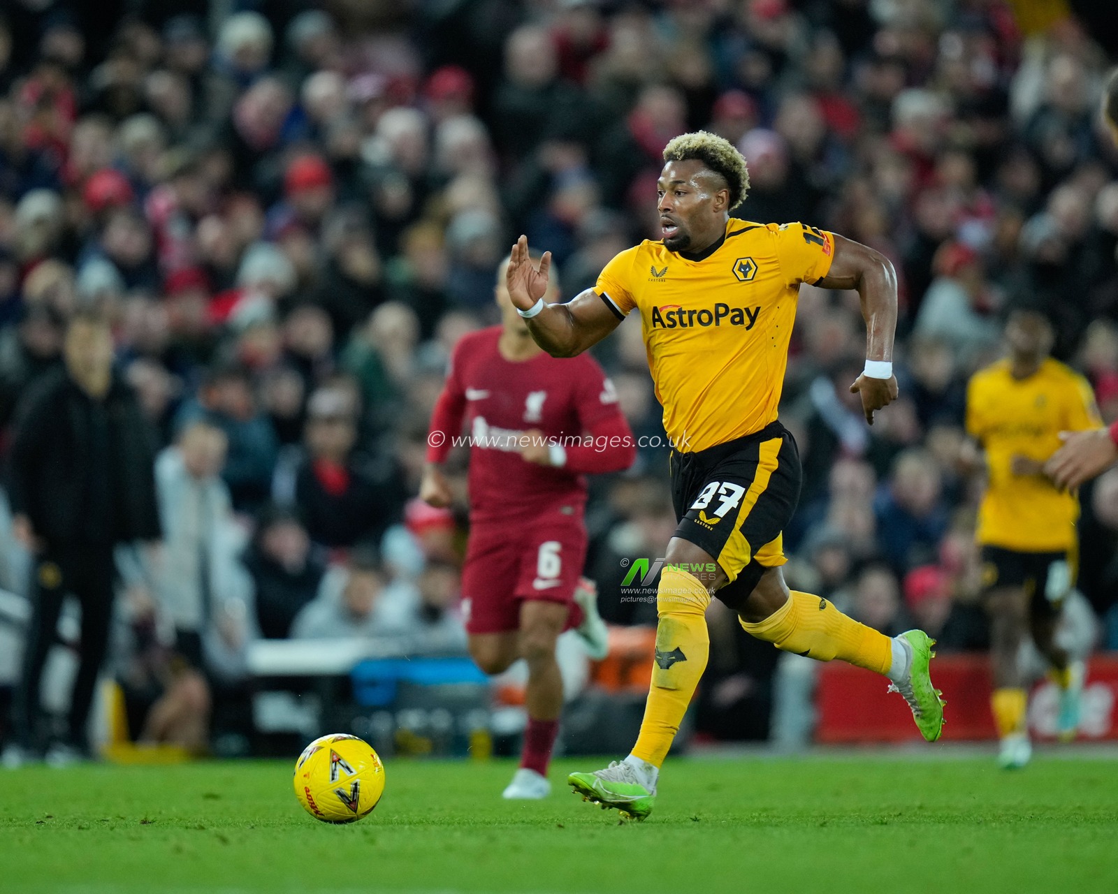 Adama TraorÃ© #37 of Wolverhampton Wanderers makes a break during the Emirates FA Cup Third Round match Liverpool vs Wolverhampton Wanderers at Anfield, Liverpool, United Kingdom, 7th January 2023

(Photo by Steve Flynn/News Images)