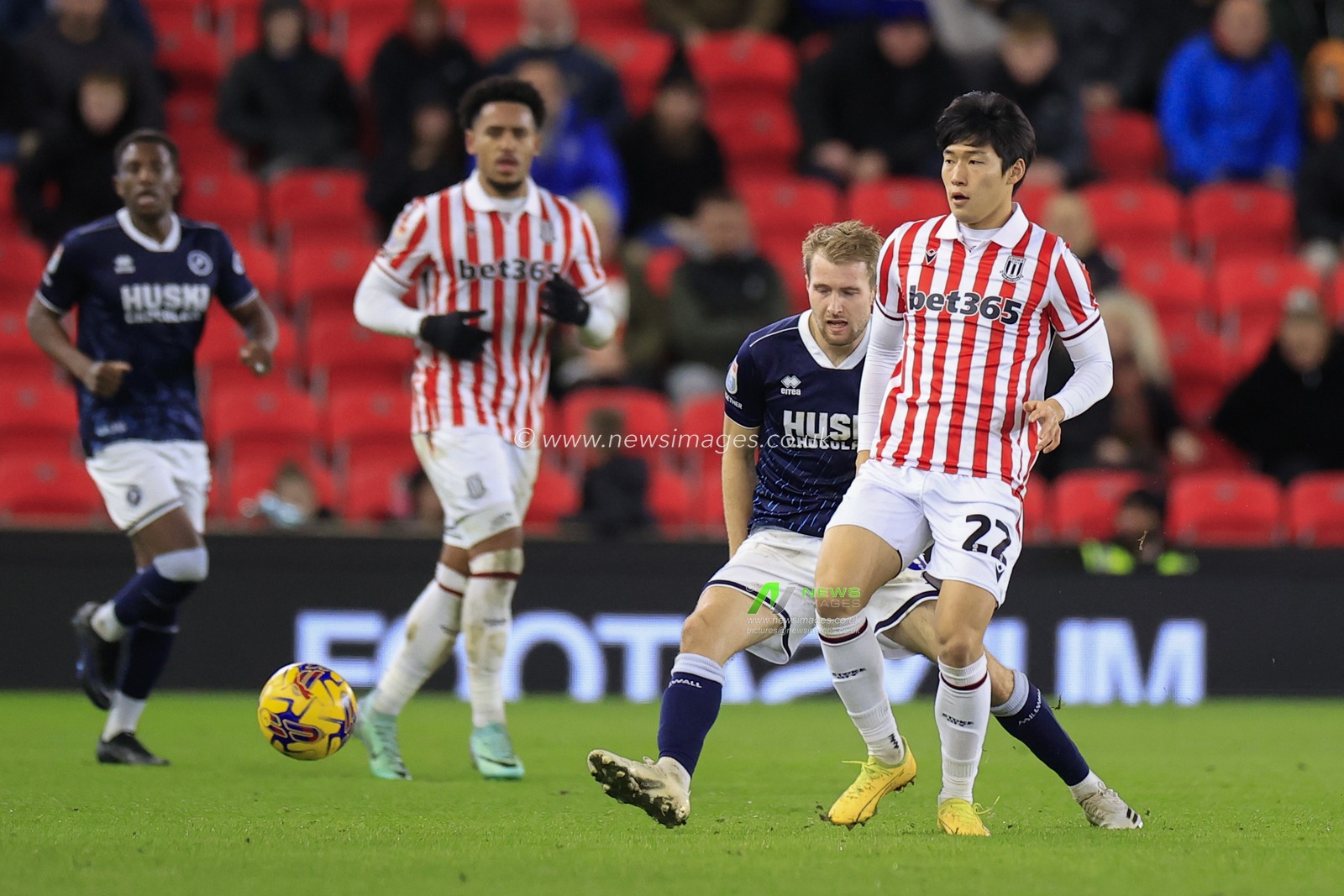Bae Jun-Ho #22 of Stoke City passes the ball during the Sky Bet Championship match Stoke City vs Millwall at Bet365 Stadium, Stoke-on-Trent, United Kingdom, 23rd December 2023

(Photo by Conor Molloy/News Images)