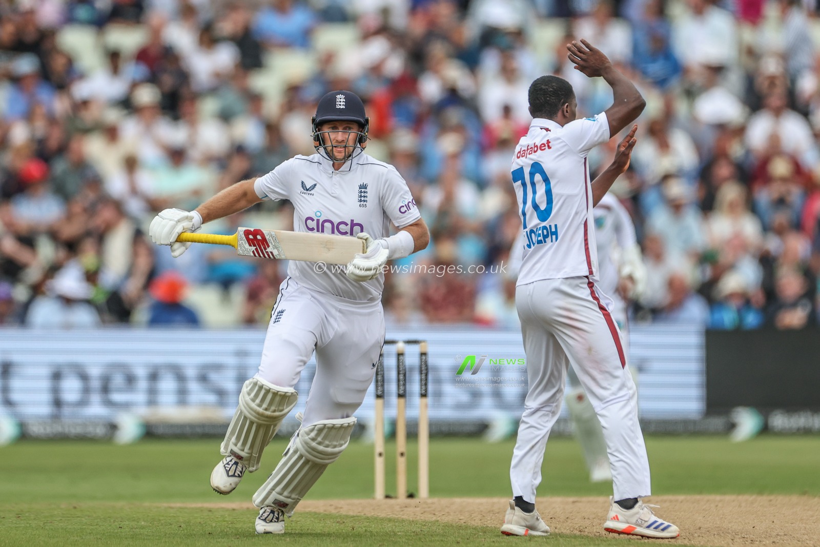 Joe Root of England makes two runs and almost runs into Shamar Joseph of West Indies during Day Two of the Rothesay Test match England vs West Indies at Edgbaston, Birmingham, United Kingdom, 27th July 2024

(Photo by Mark Cosgrove/News Images)