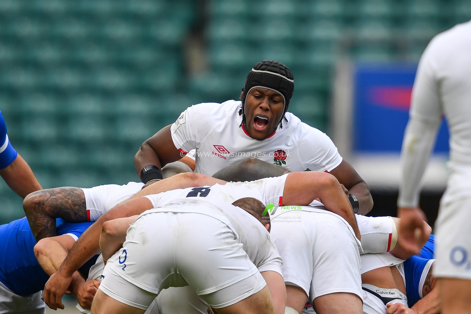 Maro Itoje of England controls the drive