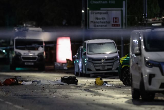 Forensic tents are still in place and emergency kit strewn across the road during the Manchester synagogue terror attack day 2 at Heaton Park Shul, Manchester, United Kingdom, 3rd October 2025

(Photo by Mark Cosgrove/News Images)