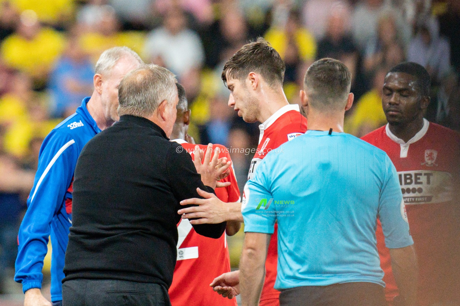 Chris Wilder Manager of Middlesbrough gives instructions to Paddy McNair #17 of Middlesbrough