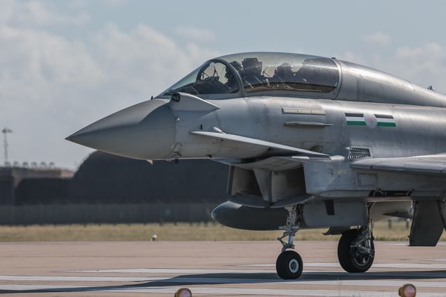 An Italian Air Force Eurofighter Typhoon FGR Mk4 taxies back to the pan during a flight training day at RAF Coningsby, Coningsby, United Kingdom, 22nd September 2025

(Photo by Mark Cosgrove/News Images)