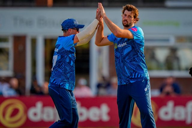 Ben Aitchison of Derbyshire celebrates the wicket of Alex Lees of Durham during the Vitality Blast T20 match between Derbyshire Falcons and Durham Cricket at The Central Co-Op County Ground, Derby, United Kingdom on 22 May 2026

(Photo by Maynard Manyowa/News Images)