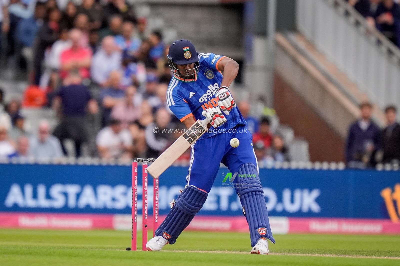 Harshit Rana of India hits a six  during the Second Vitality T20 International match England vs India at Old Trafford, Manchester, United Kingdom on 04 July 2026

(Photo by Maynard Manyowa/News Images)