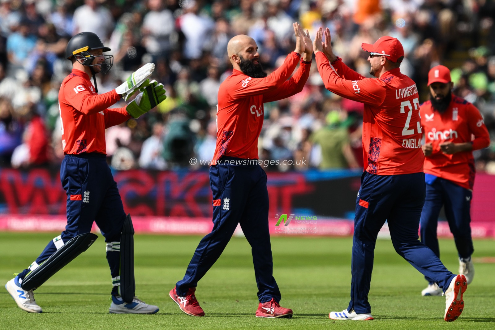 England celebrates the dismissal of Mohammad Rizwan of Pakistan during the Vitality T20 International Series match England vs Pakistan at Edgbaston, Birmingham, United Kingdom, 25th May 2024

(Photo by Craig Thomas/News Images)
