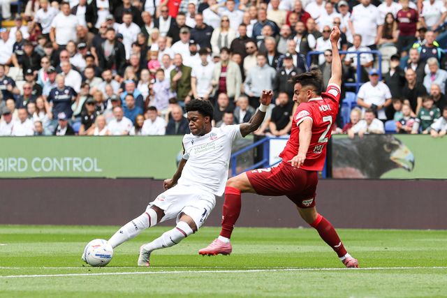 Thierry Gale of Bolton Wanderers shoots and scores to make it 2-0 during the Sky Bet Championship match Bolton Wanderers vs Preston North End at Toughsheet Community Stadium, Bolton, United Kingdom on 15 August 2026

(Photo by Jorge Horsted/News Images)