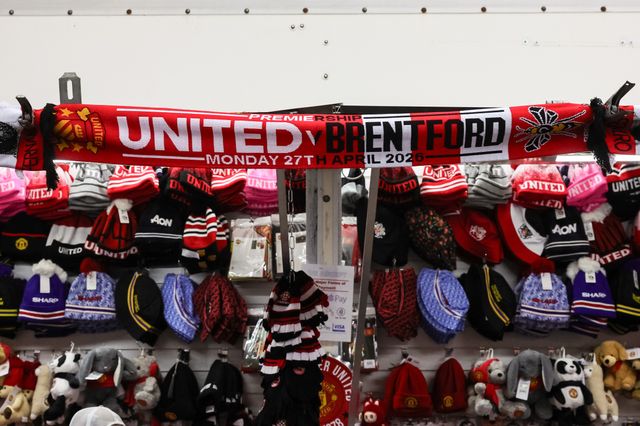 Manchester United scarfs and flags on sale during the Premier League match Manchester United vs Brentford at Old Trafford, Manchester, United Kingdom on 27 April 2026

(Photo by Mark Cosgrove/News Images)