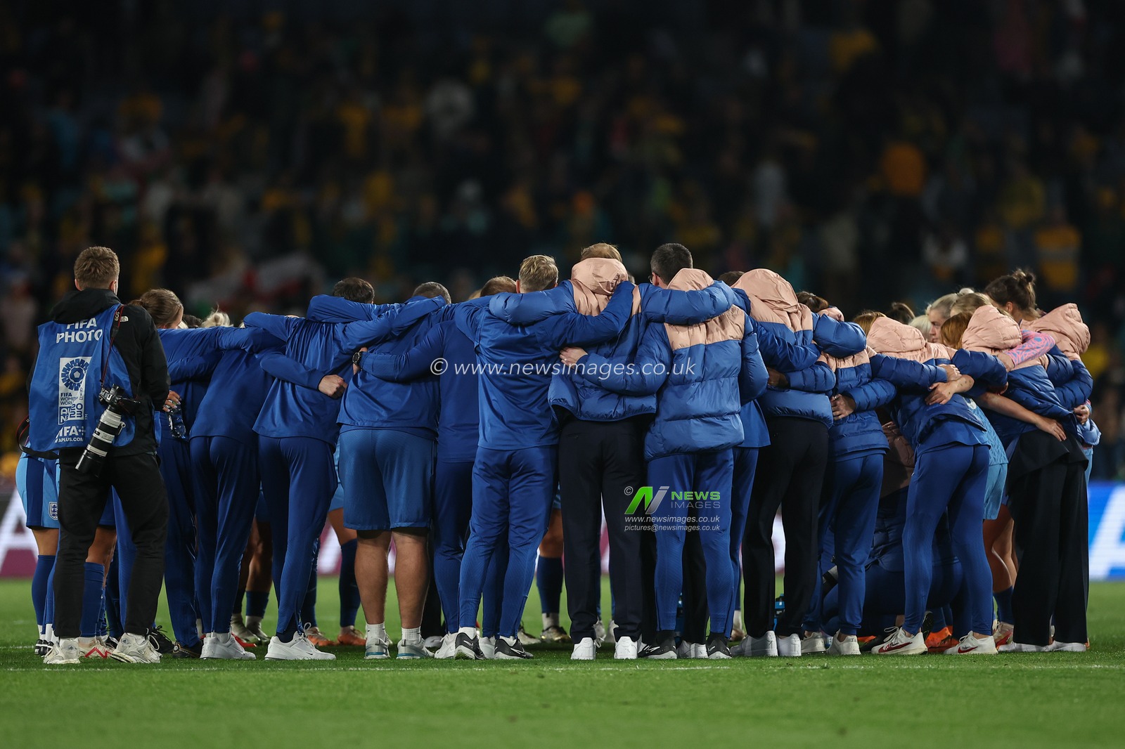 The England team huddle together after winning 1-3 during the FIFA Women's World Cup 2023 Semi-Final match Australia Women vs England Women at Stadium Australia, Sydney, Australia, 16th August 2023

(Photo by Patrick Hoelscher/News Images)