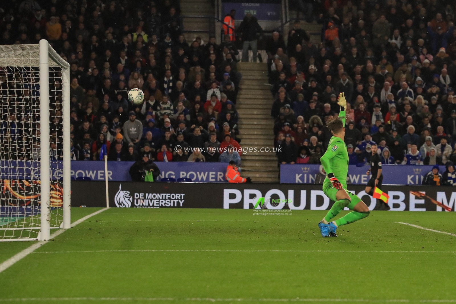 8th January 2020, King Power Stadium, Leicester, England; Carabao Cup, Semi-final,  Leicester City v Aston Villa : Kelechi Iheanacho (14) of Leicester City slots one past Orjan Nyland (25) of Aston Villa to make it 1-1

Credit: Mark Cosgrove/News Images