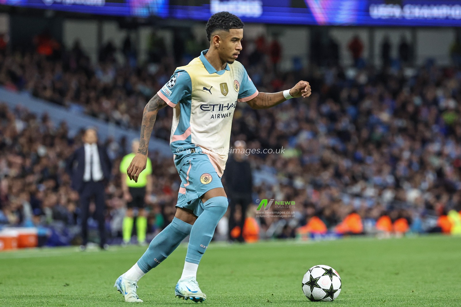 Savinho of Manchester City in action during the UEFA Champions League league stage match Manchester City vs Inter Milan at Etihad Stadium, Manchester, United Kingdom, 18th September 2024

(Photo by Mark Cosgrove/News Images)