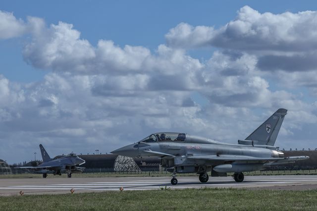 A RAF Eurofighter Typhoon FGR Mk4 taxies back to the pan during a flight training day at RAF Coningsby, Coningsby, United Kingdom, 22nd September 2025

(Photo by Mark Cosgrove/News Images)