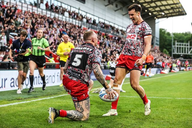 Josh Charnley of Leigh Leopards celebrates his try during the Betfred Super League round 12 match Leigh Leopards vs Hull FC at Leigh Sports Village, Leigh, United Kingdom on 22 May 2026

(Photo by Alfie Cosgrove/News Images)