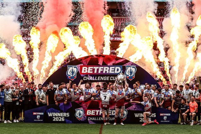 Liam Farrell of Wigan Warriors lifts the Betfred Challenge Cup Final Trophy during the Betfred Challenge Cup Final match Wigan Warriors vs Hull KR at Wembley Stadium, London, United Kingdom on 30 May 2026

(Photo by Alfie Cosgrove/News Images)