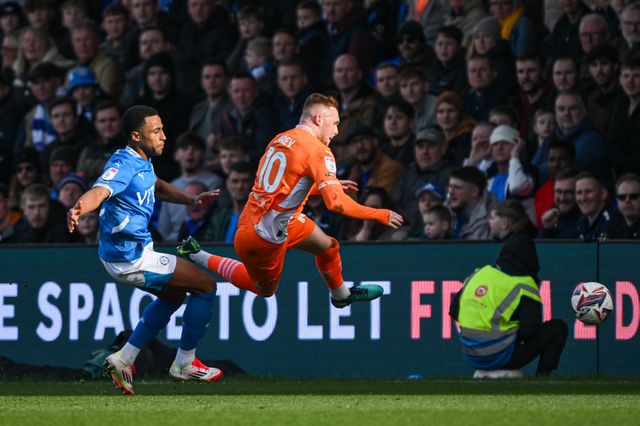 Sonny Carey of Blackpool is fouled by Kyle Knoyle of Stockport County during the Sky Bet League 1 match Stockport County vs Blackpool at Edgeley Park Stadium, Stockport, United Kingdom, 1st March 2025

(Photo by Craig Thomas/News Images)