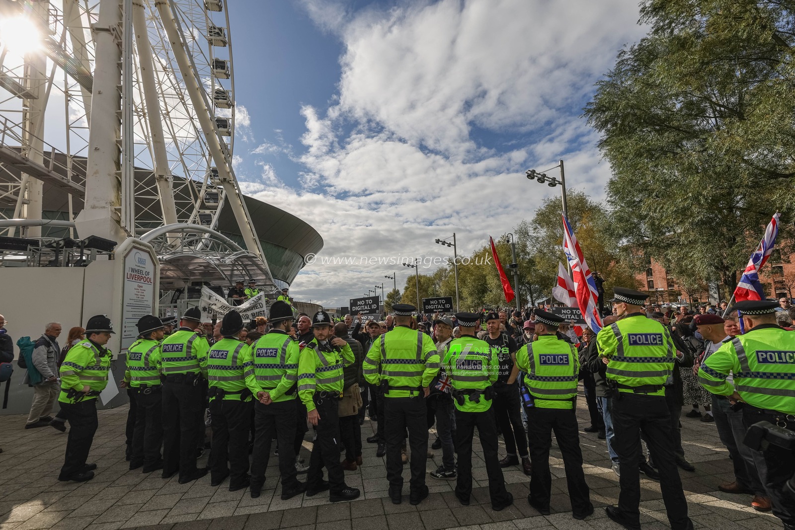 Protesters gather outside the ACC as Merseyside Police attend during the Labour Party Annual Conference 2025 at The ACC, Liverpool, United Kingdom, 28th September 2025

(Photo by Mark Cosgrove/News Images)